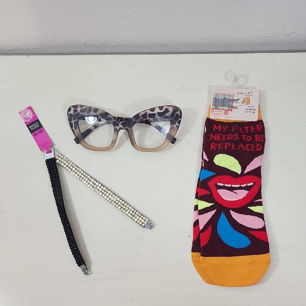 Fun Pack Of 3 Items Leopard Cat Eye Glasses, Socks & Bracelets